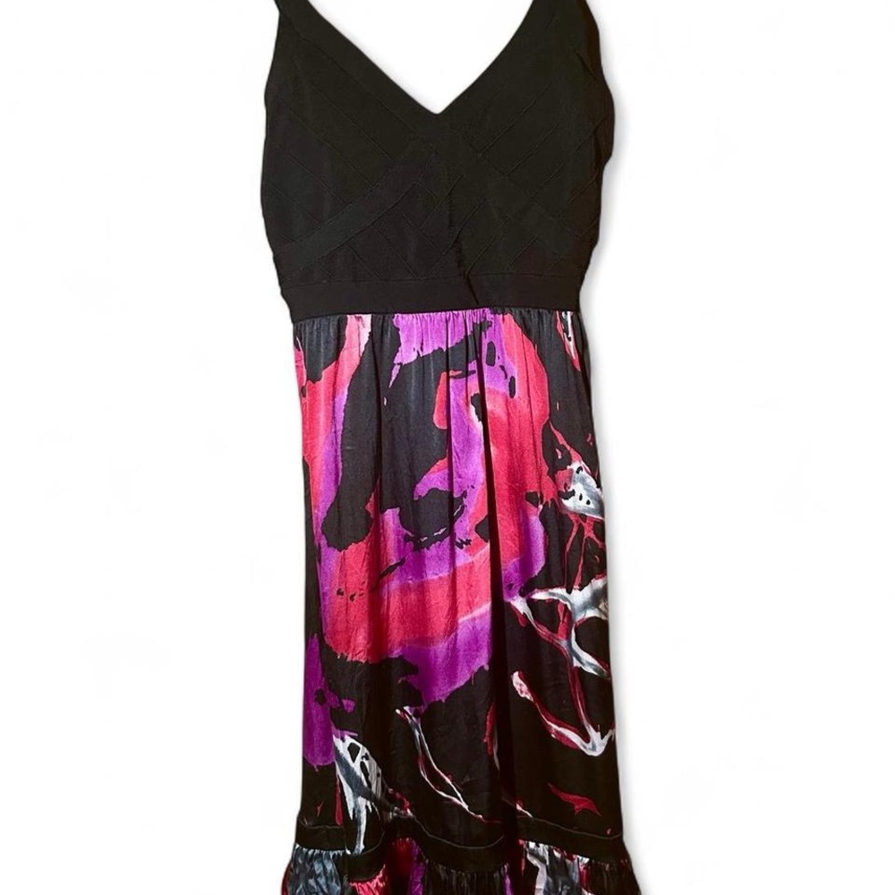 Bebe Vintage Silk Sundress with Bandage Top and Black and Pink Floral Dress